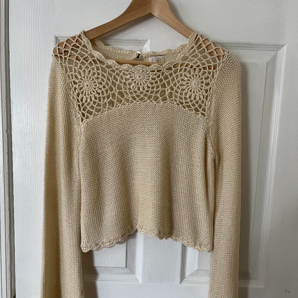 Cropped Knit Crochet Vintage Style Sweater Flare Bell Sleeve